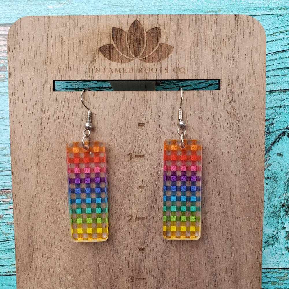 Rainbow Plaid Large Rectangle Dangle Earrings, Stainless Steel/Acrylic, Handmade - Picture 6 of 9